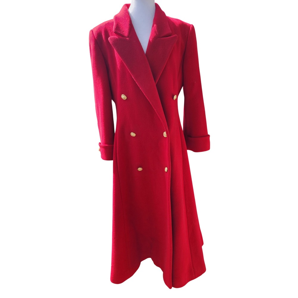 Vintage Searle Red Double Breasted Wool Maxi Coat Gold Crest Buttons Sz 8 READ